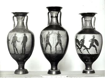 Three Panathenaic amphorae depicting an athlete receiving a trophy, Boxers and Athletes, 580-520 BC